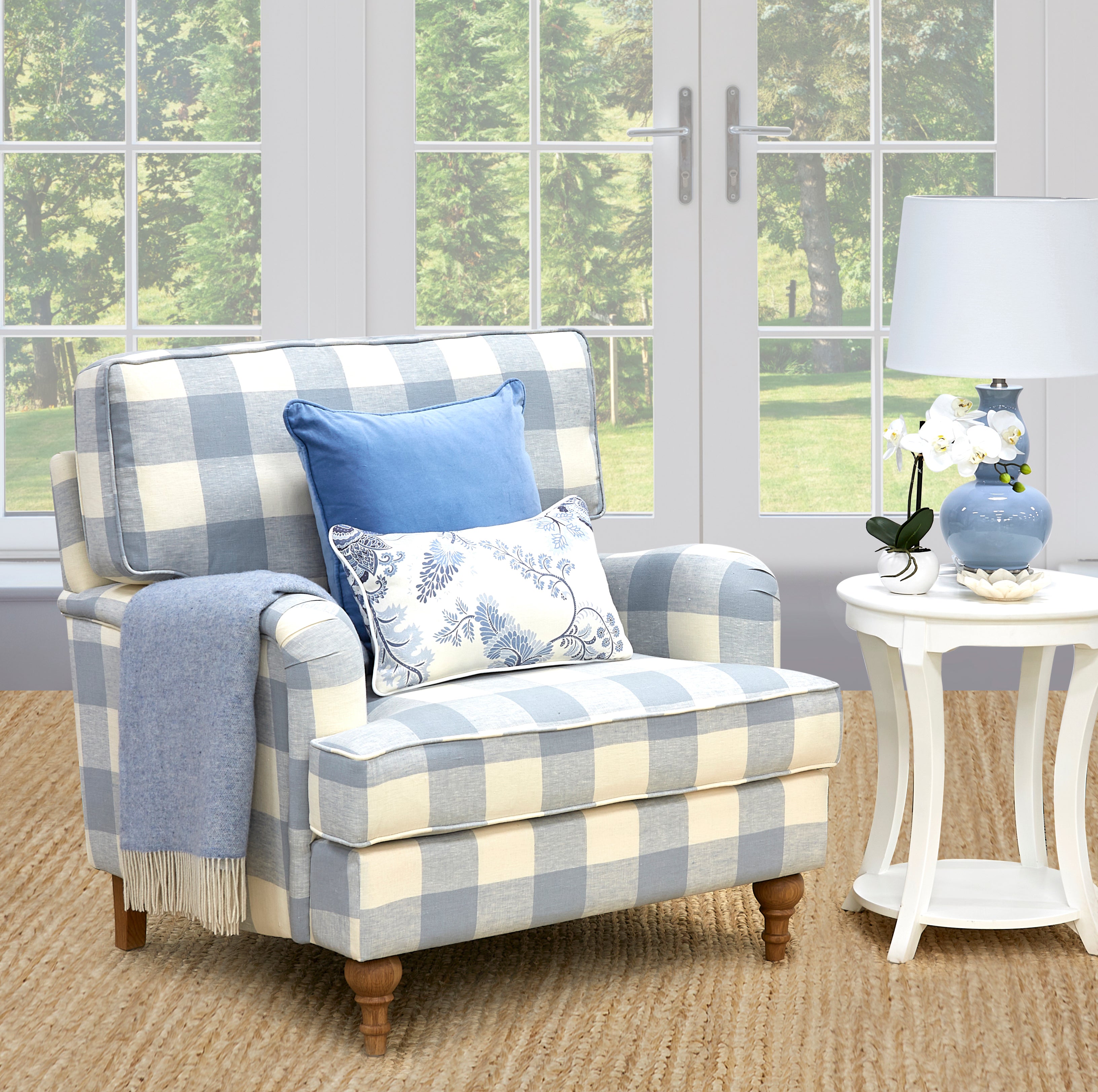 Duck Egg Blue Buffalo Check Roll Armchair - DUE MAY - ONLY 2 LEFT IN CONTAINER
