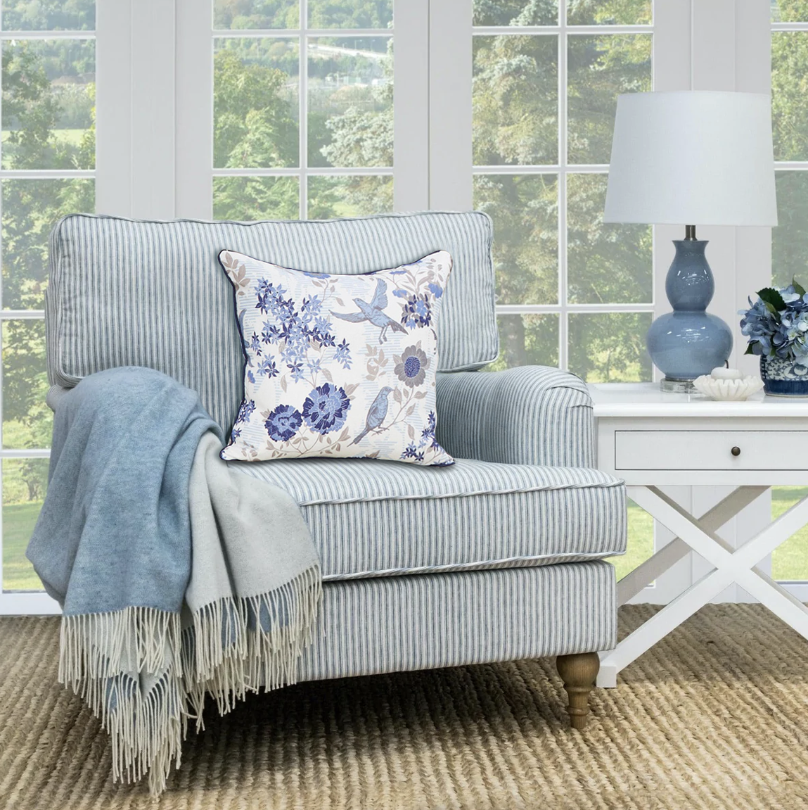 Blue Striped Linen Roll Armchair