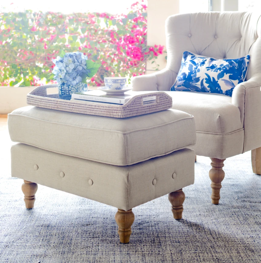 Natural Linen Footstool for Buttoned Armchair