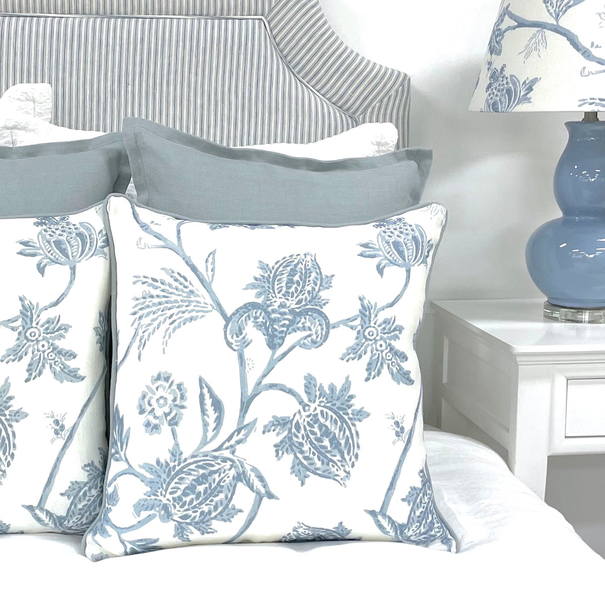 Blue Spring Floral Linen Cushion