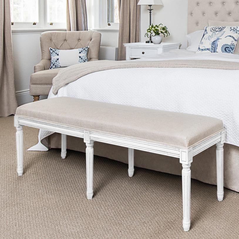 Natural Linen Bed Ottoman - Matt White Frame