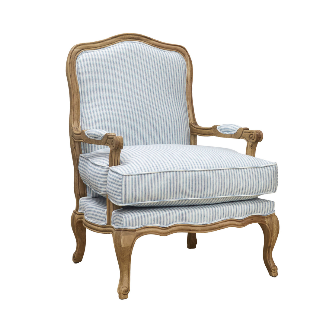 French Louis Chair - Blue Striped Linen with Oak Frame