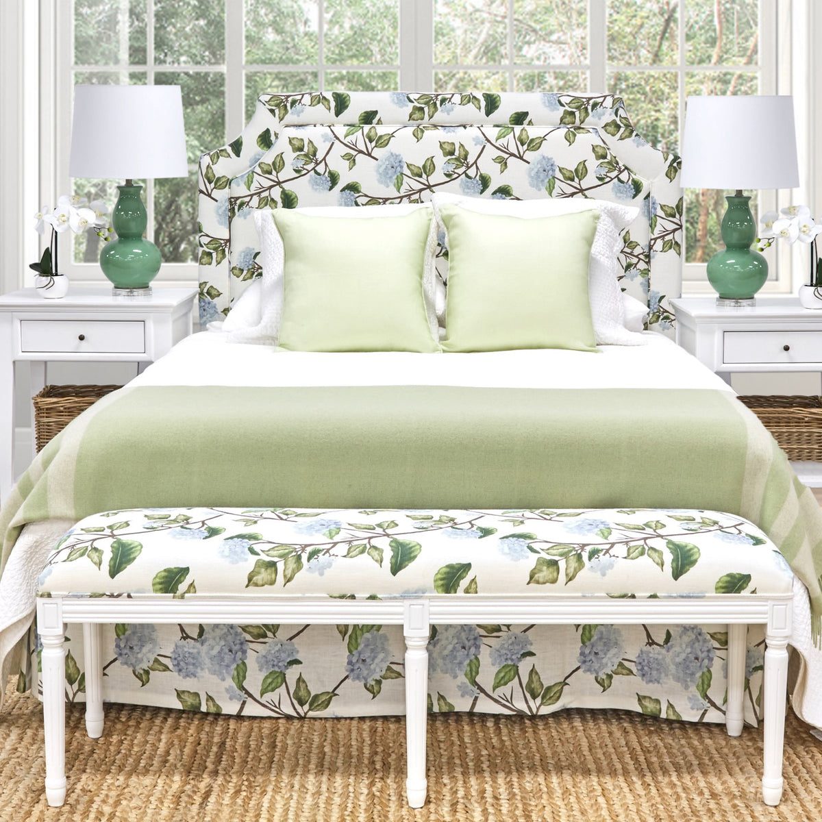 Blue Hydrangea Linen Bed Ottoman