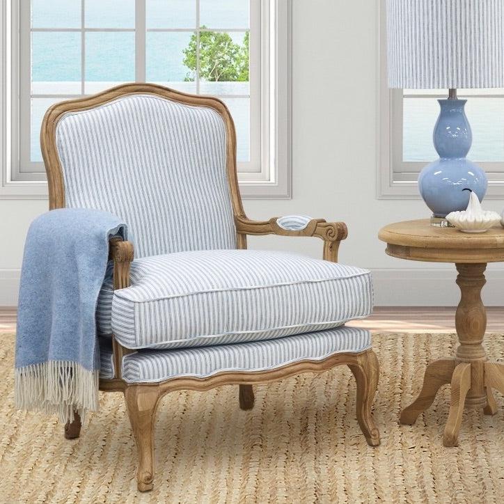 French Louis Chair - Blue Striped Linen with Oak Frame