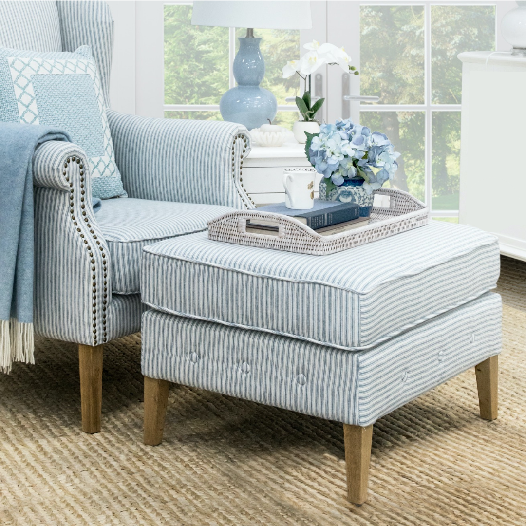 Blue Striped Linen Footstool for Wingback Armchair