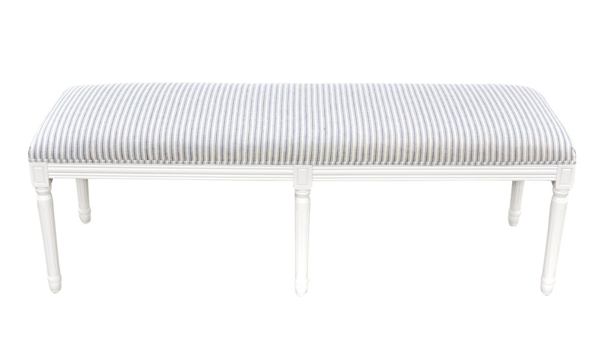Blue Striped Linen Bed Ottoman - Matt White Frame