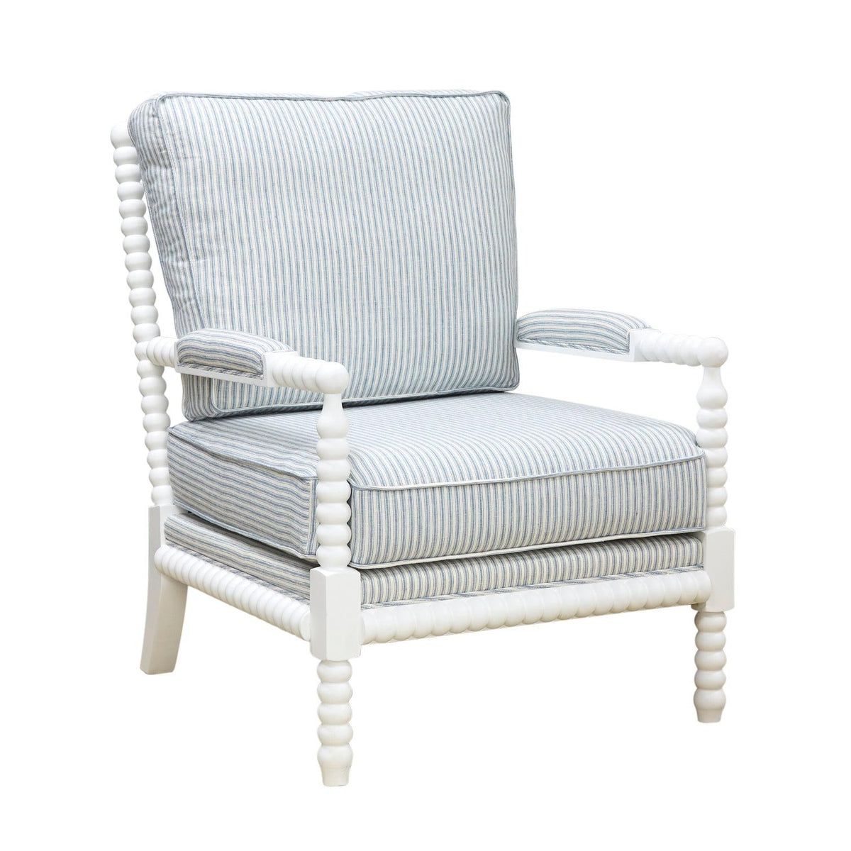 White Bobbin Armchair - Blue Striped Linen