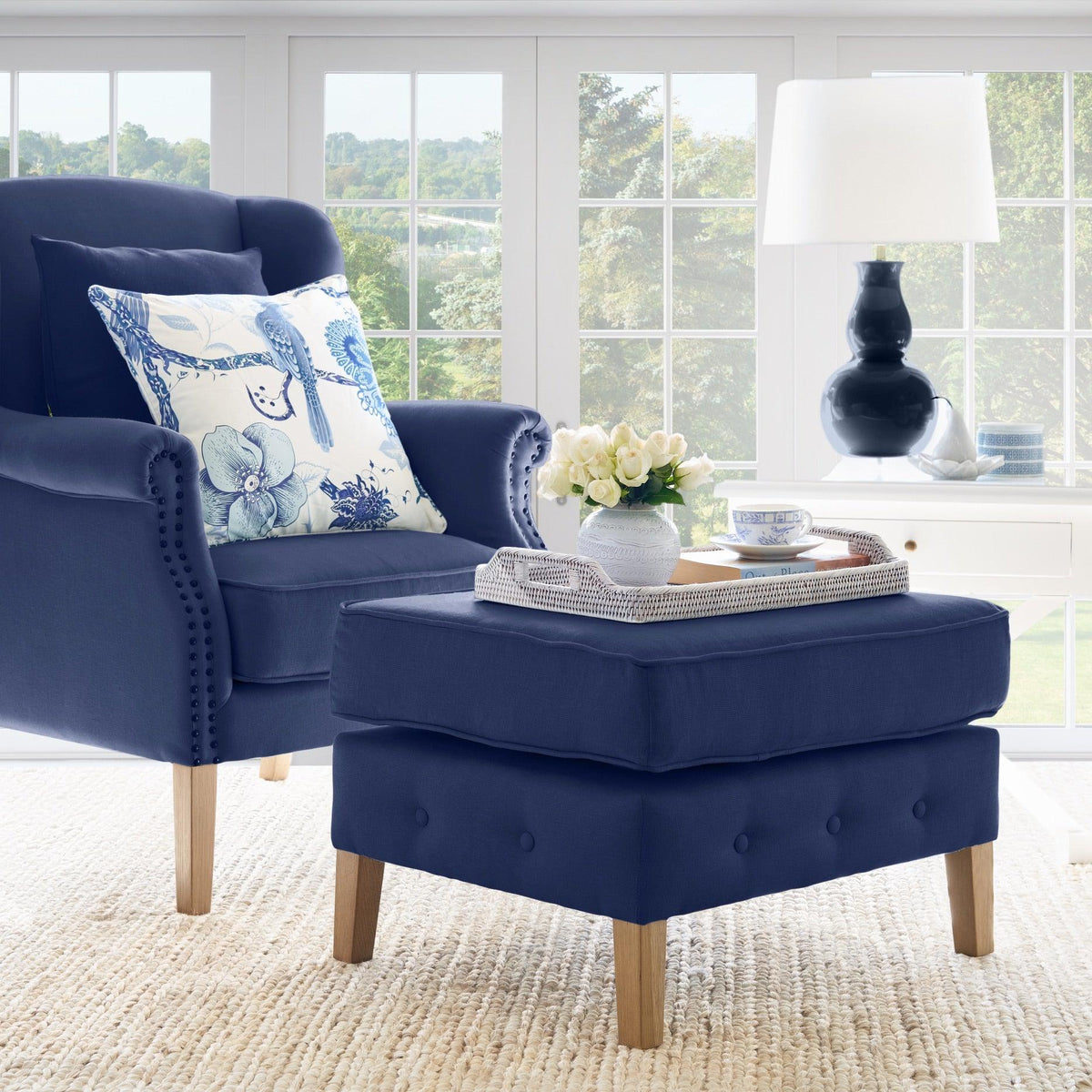 Navy Linen Footstool for Wingback Armchair