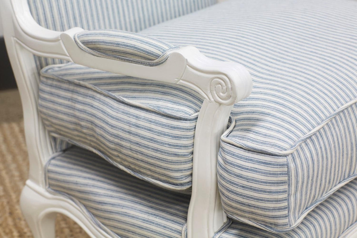 French Louis Chair - Blue Striped Linen with White Frame