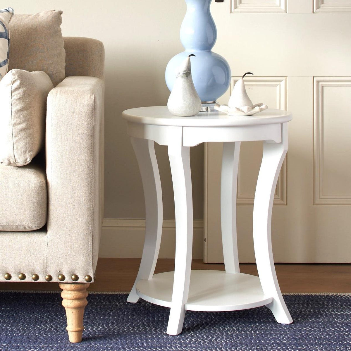 Round White Side Table With Shelf