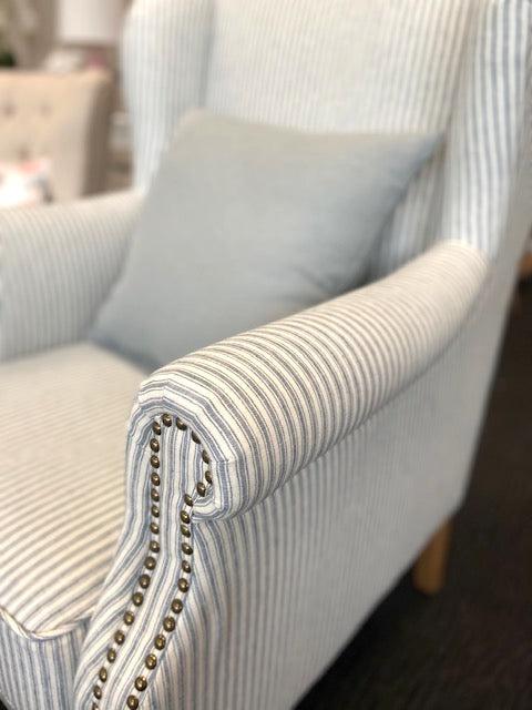 Blue Striped Linen Wingback Armchair